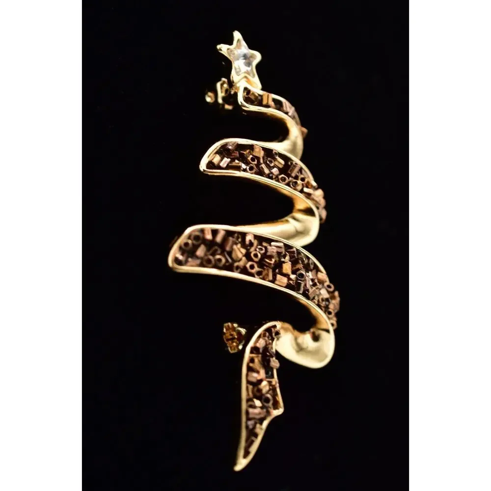 Vintage Beaded Christmas Tree Pin Brooch Brown Bronze Gold Holiday Star BinBG